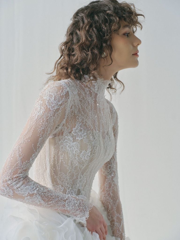 MILANA High-Neck Lace Corset Gown With Voluminous Floral Skirt