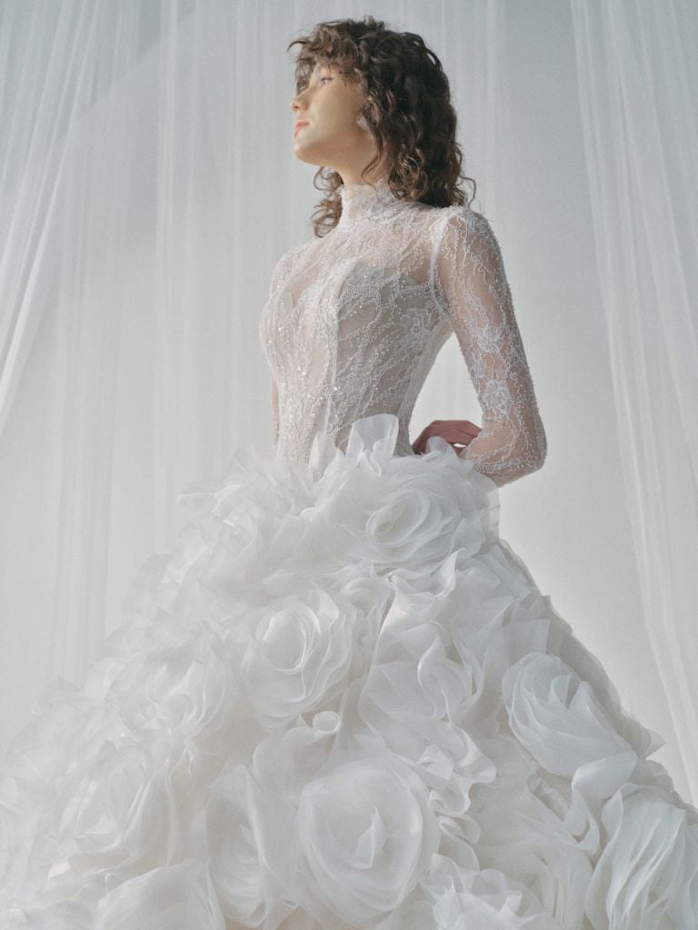 MILANA High-Neck Lace Corset Gown With Voluminous Floral Skirt