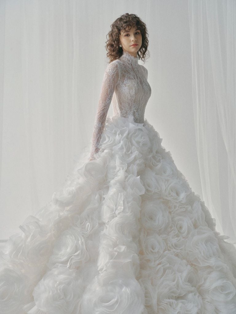MILANA High-Neck Lace Corset Gown With Voluminous Floral Skirt