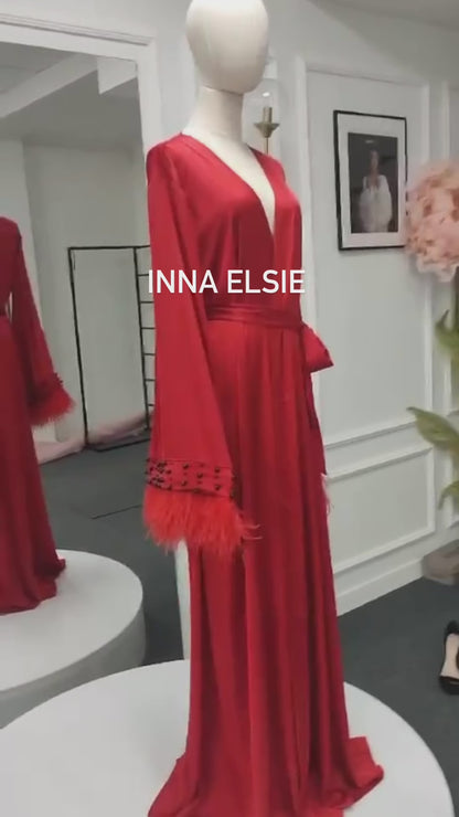 LEONA red short silk robe with feathers