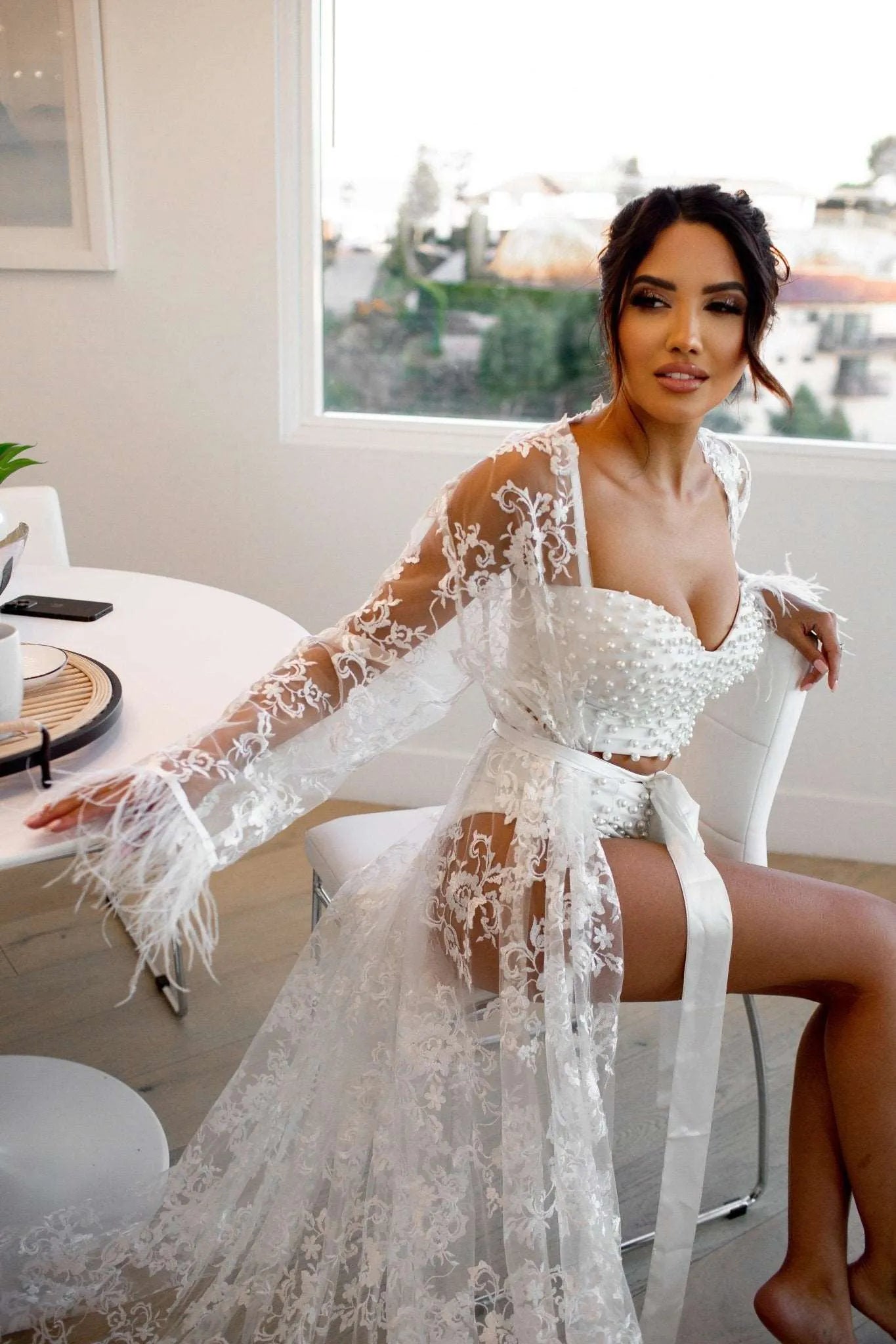 ILONA Lace Robe With Feathers - Inna Elsie