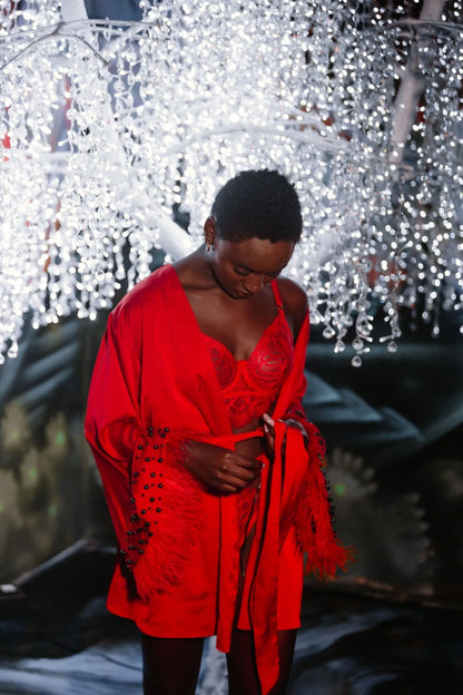 LEONA red short silk robe with feathers