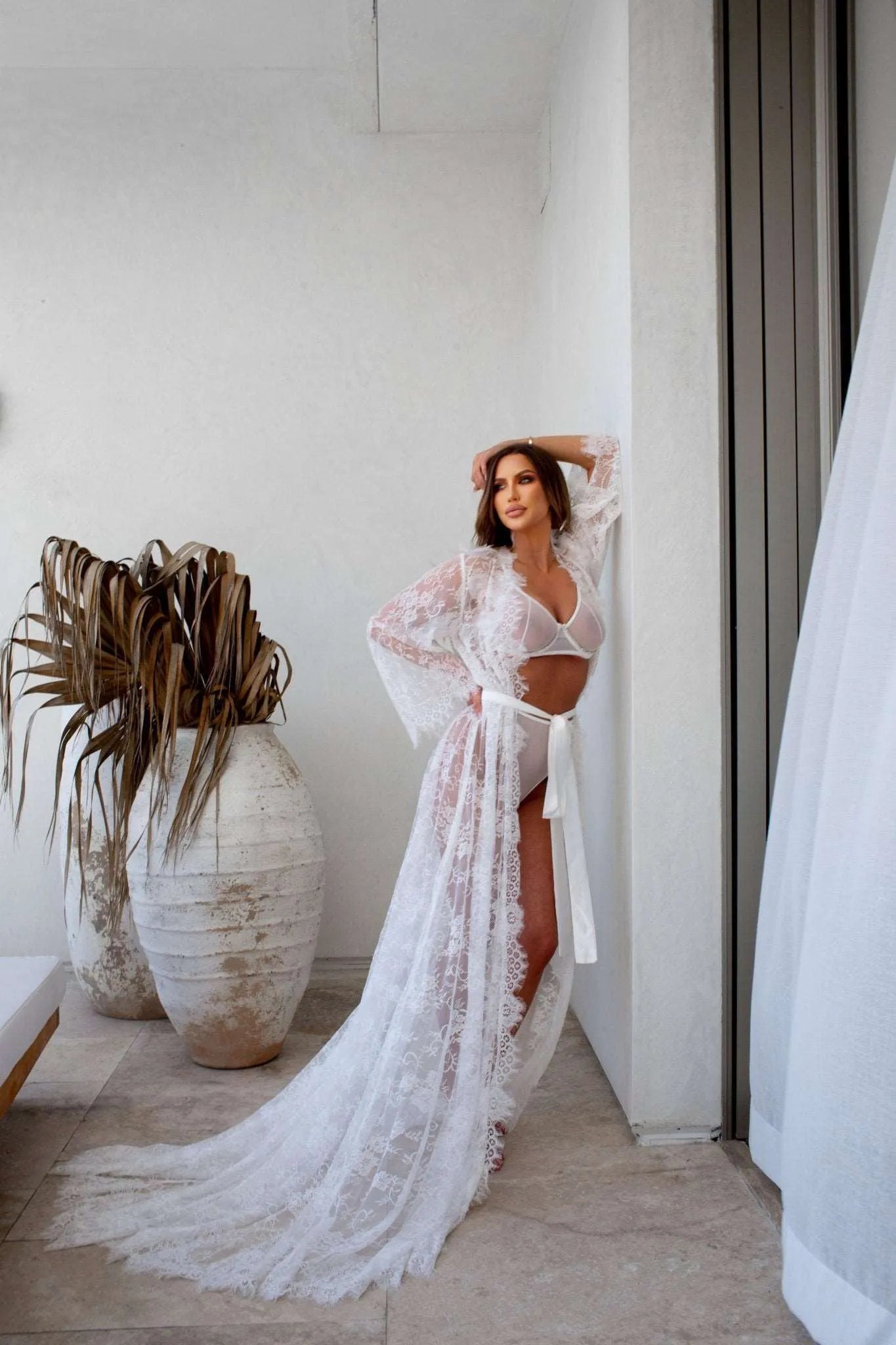 POLINA lace bridal robe with train